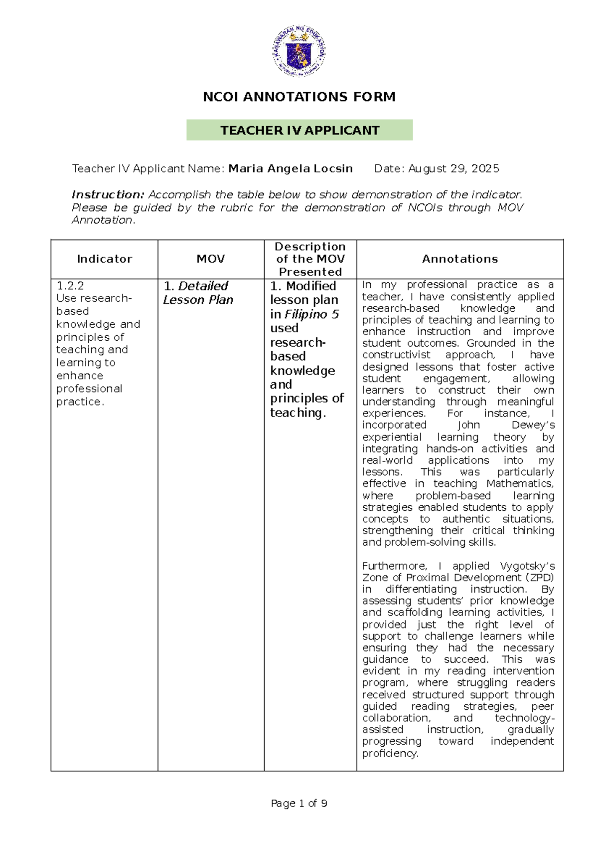 NCOI Annotations for Teacher IV Applicant: Maria Angela Locsin - Studocu