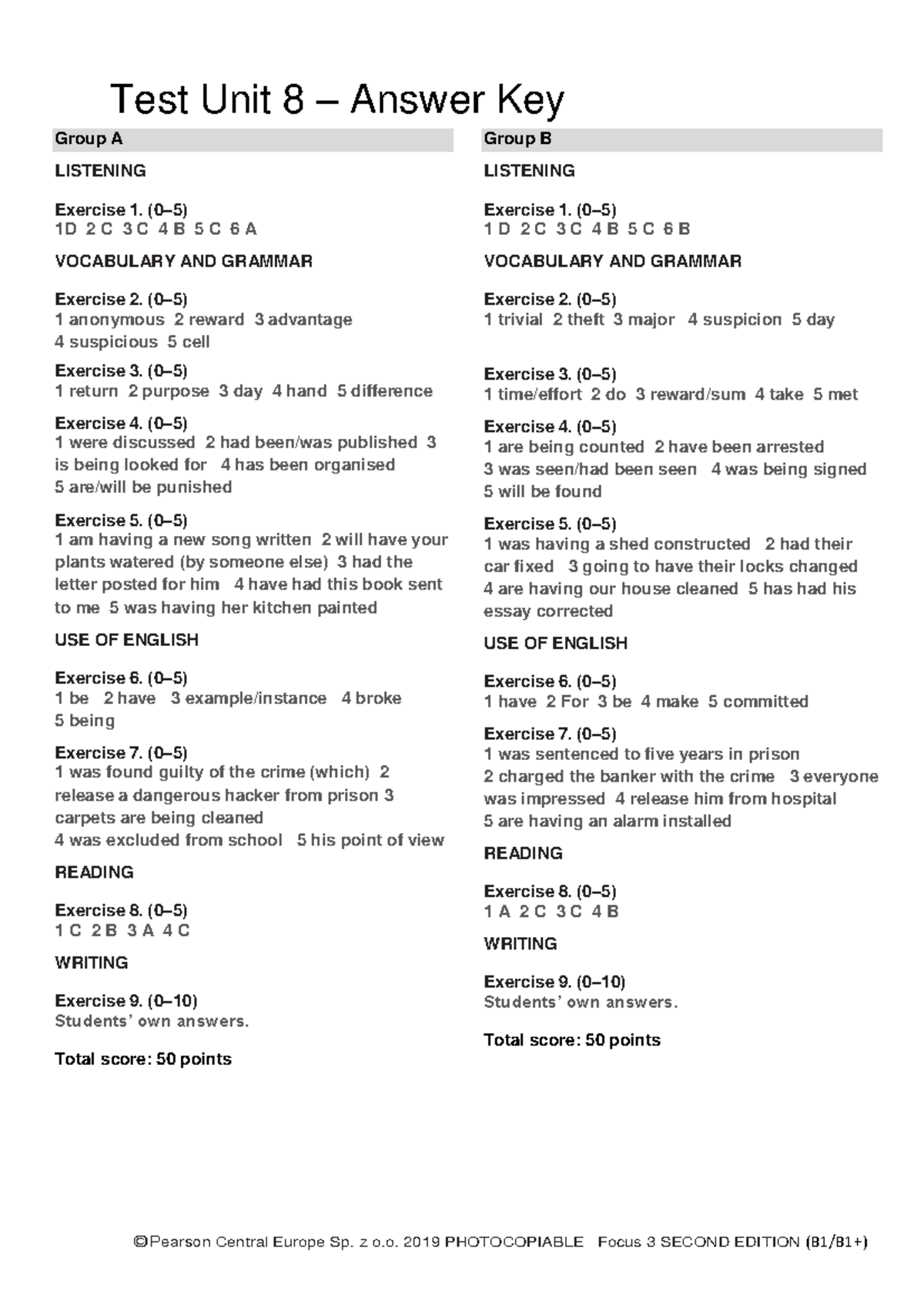 Focus 3 2E Unit 8 Test Answer Key and Criteria - Studocu