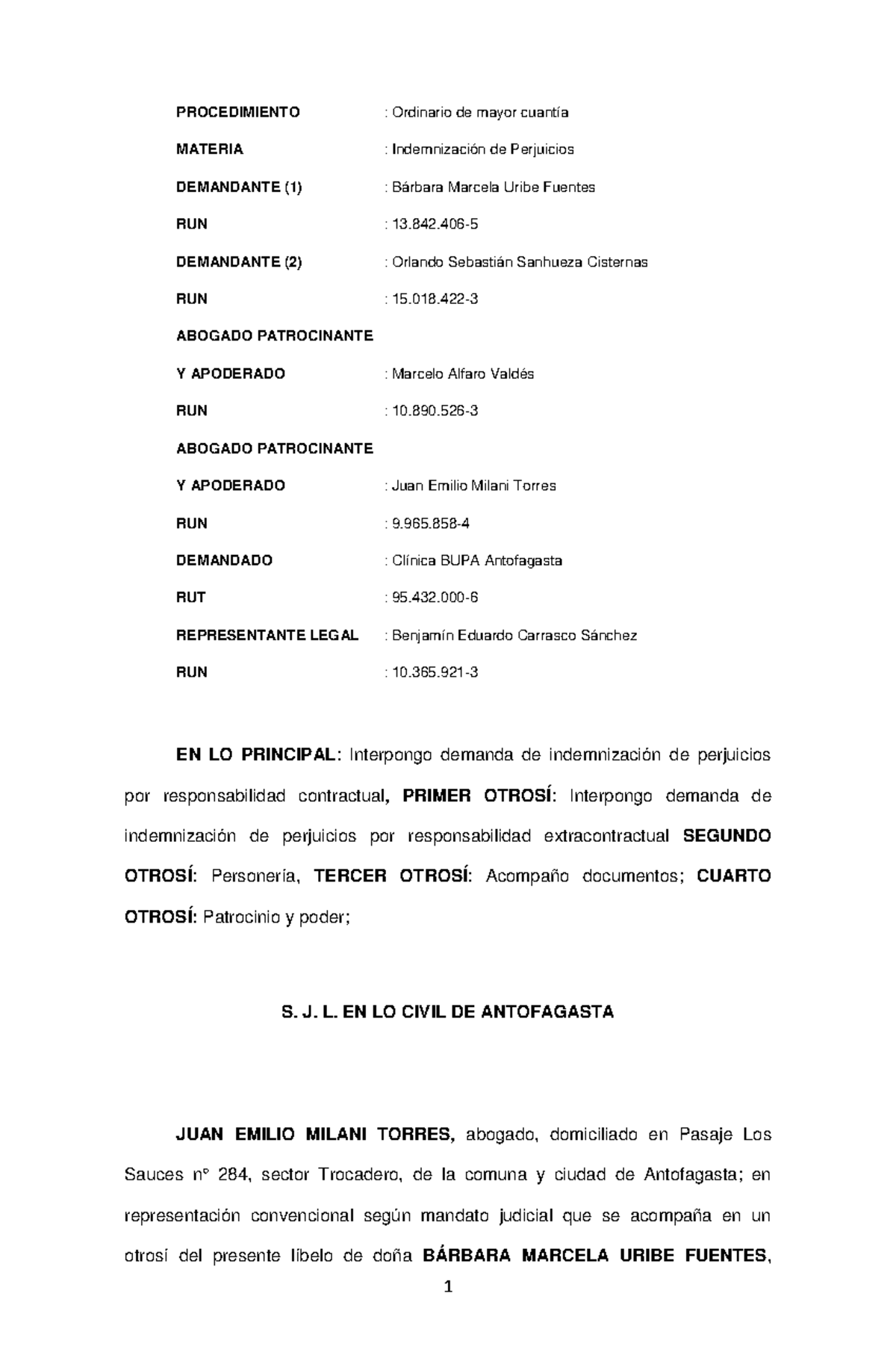 Demanda de Indemnización por Negligencia Médica - Caso BUPA ANTOFAGASTA - Document Preview