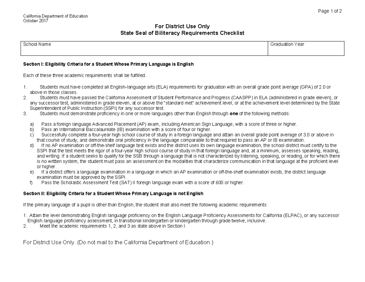 California State Seal of Biliteracy Requirements Checklist - Studocu