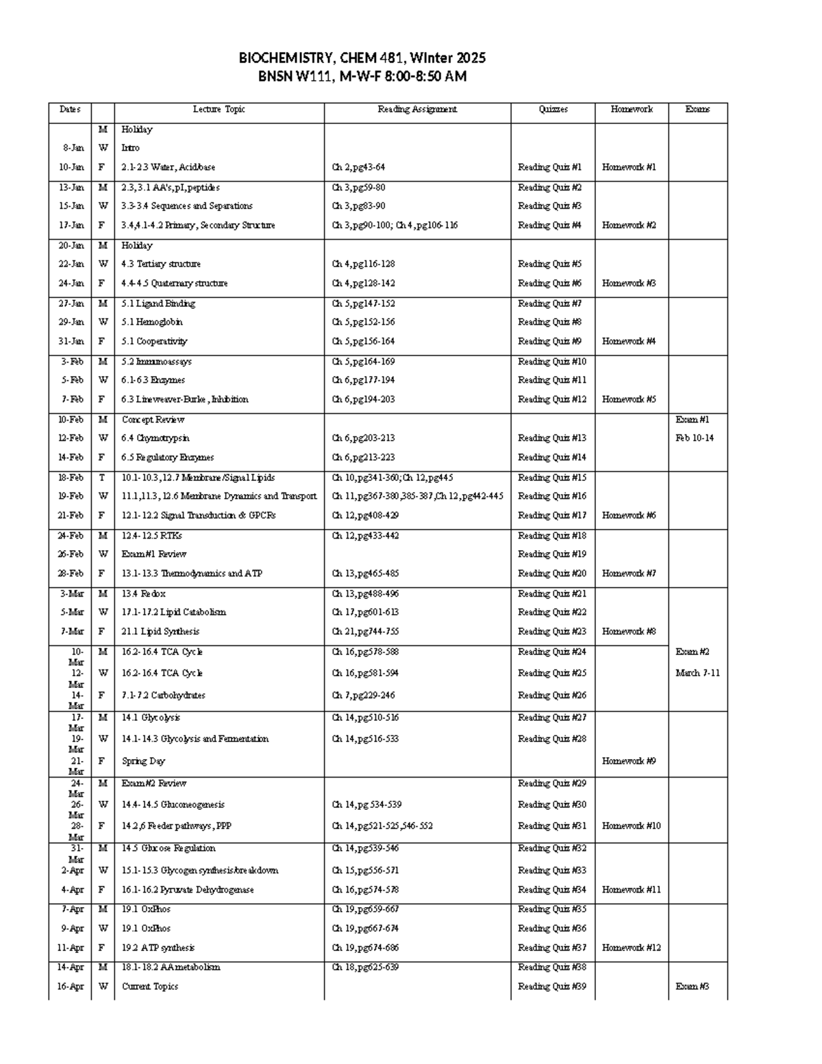CHEM 481 Biochemistry Syllabus for Winter 2025 - Studocu