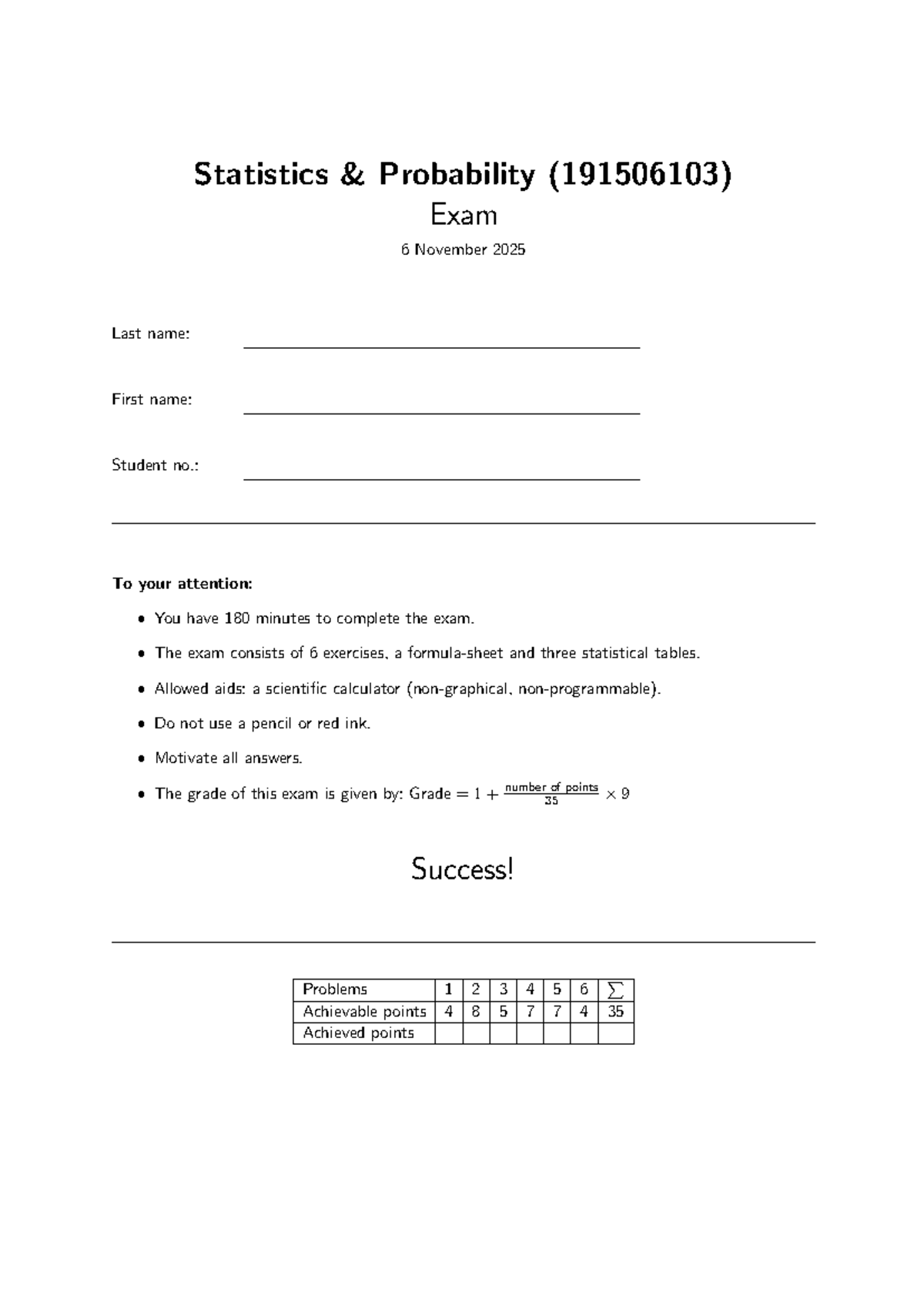 Statistics Probability (191506103) Exam 6 Solutions - Nov 2025 ...