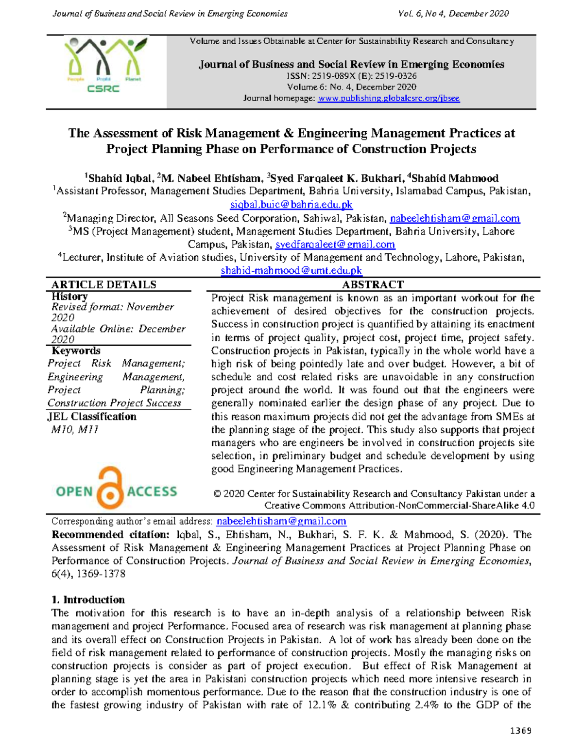 Assessment of Risk & Engineering Management in Construction Projects (3 ...