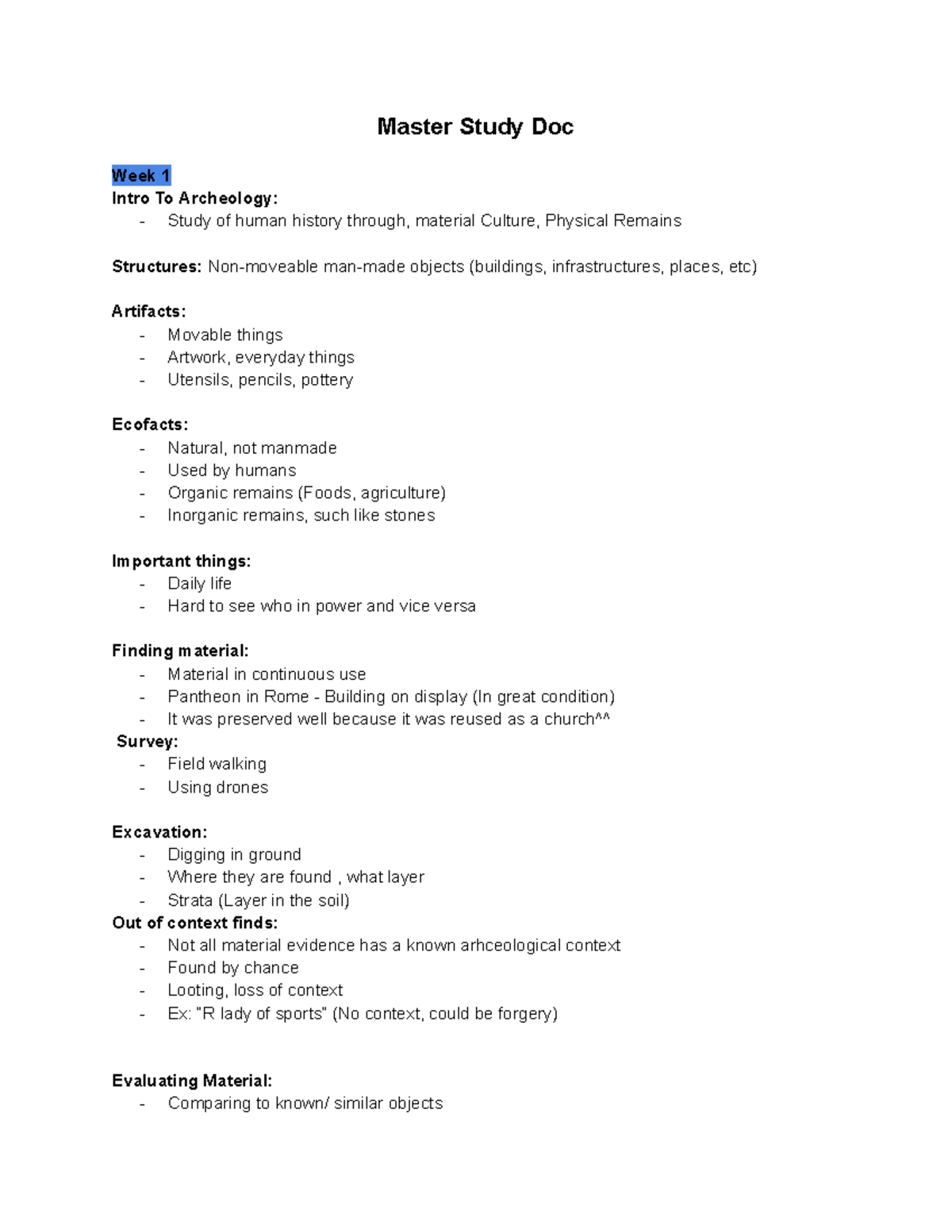 Classics - Master Doc - Week 1 Intro to Archaeology Study Guide - Studocu