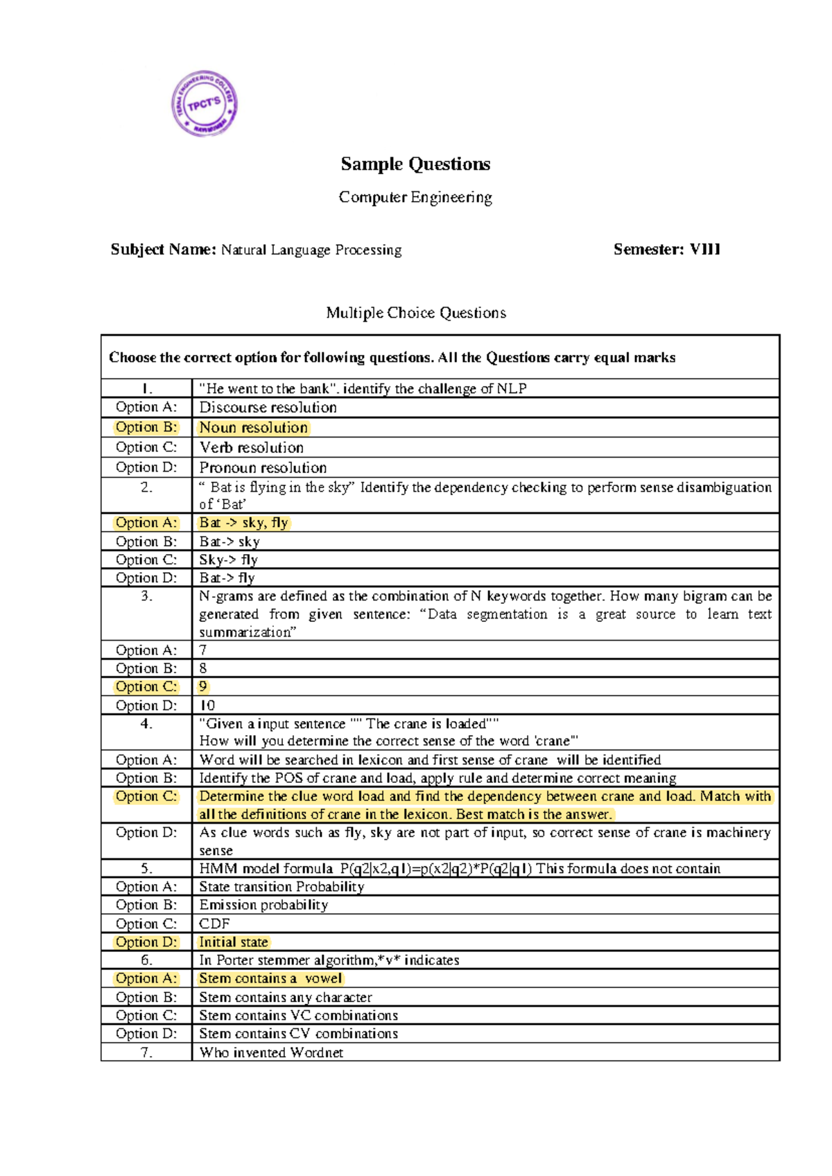 NLP QB ANS MCQ - abc - Sample Questions Computer Engineering Subject ...