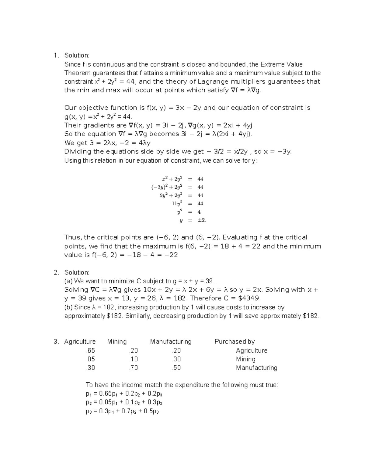 Math 720 Answer Key - Extreme Value and Cost Minimization Worksheet ...