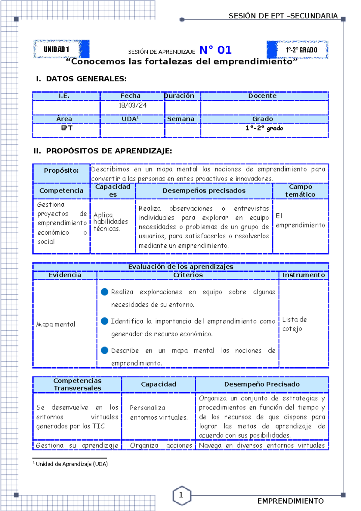 SESIONES DE APRENDIZAJE EPT UNIDAD 1: EMPRENDIMIENTO SEM 1 - Studocu