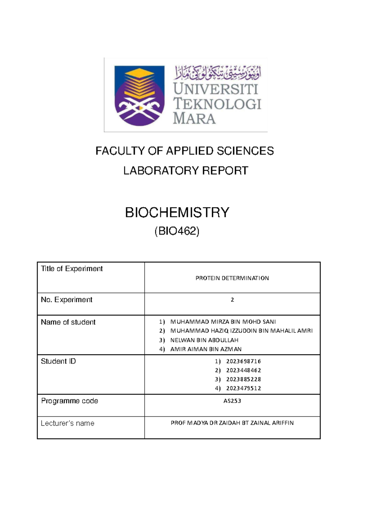 EXP 2 BIO462 - Protein Determination Laboratory Report - Studocu