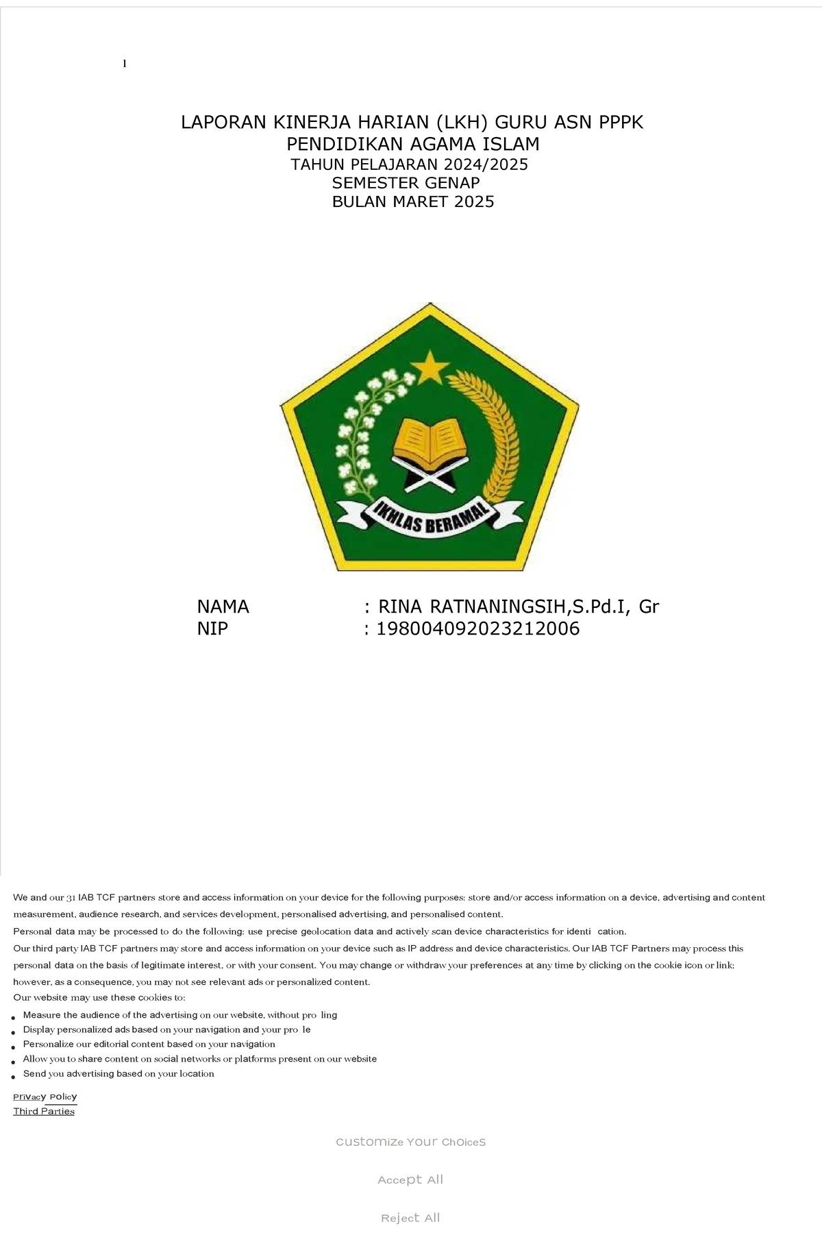 Laporan Kinerja Harian (LKH) Guru ASN PPPK PAI Maret 2025 - Studocu