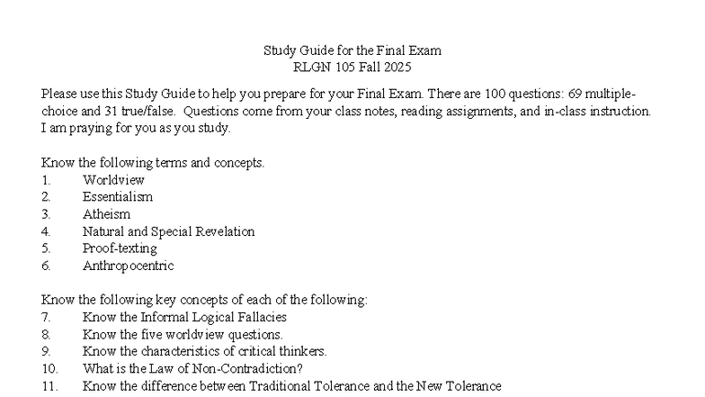 Final Exam Study Guide for RLGN 105 - Fall 2025 - Studocu