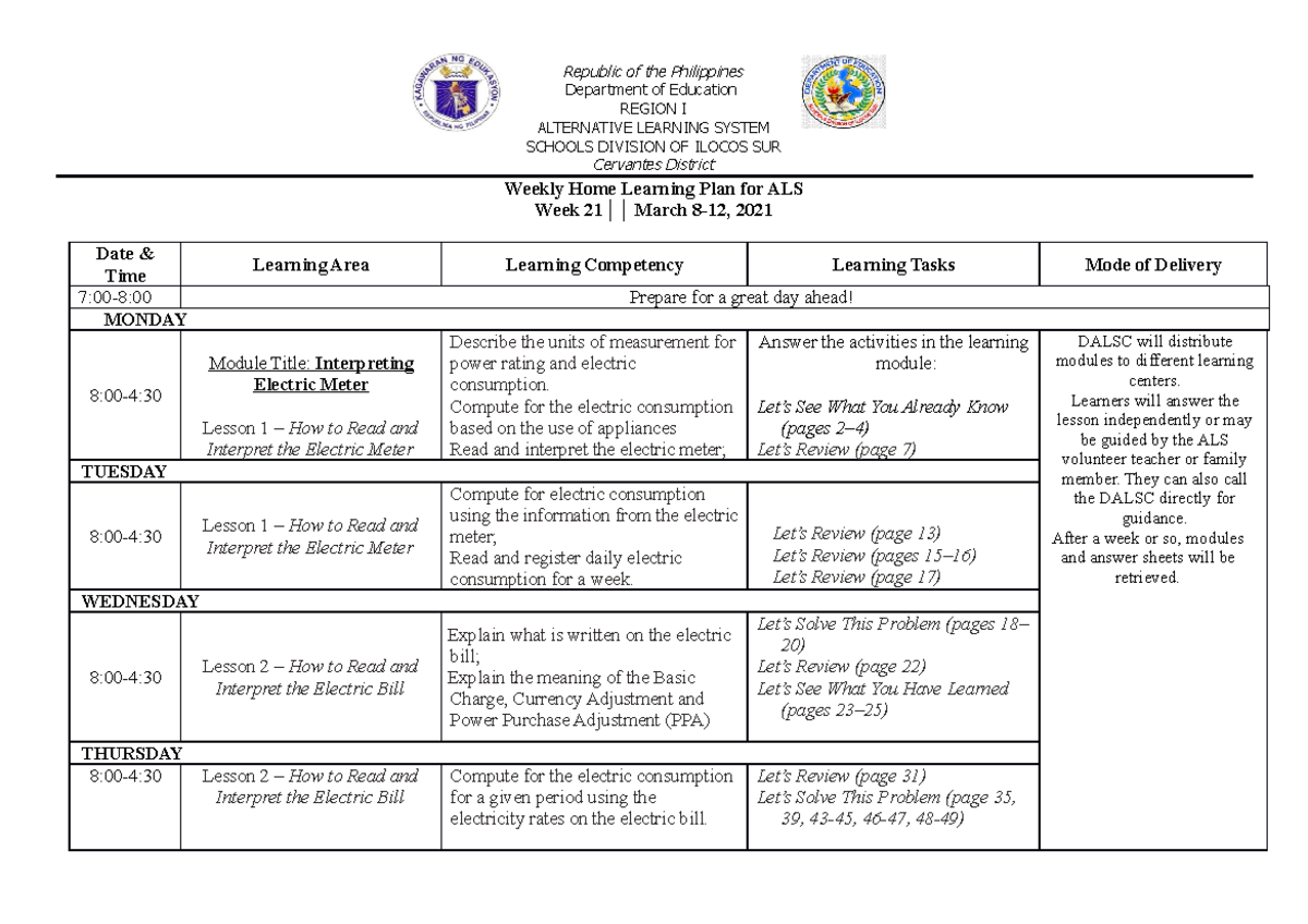 Weekly Home Learning Plan Sample for Teachers in ALS - General ...