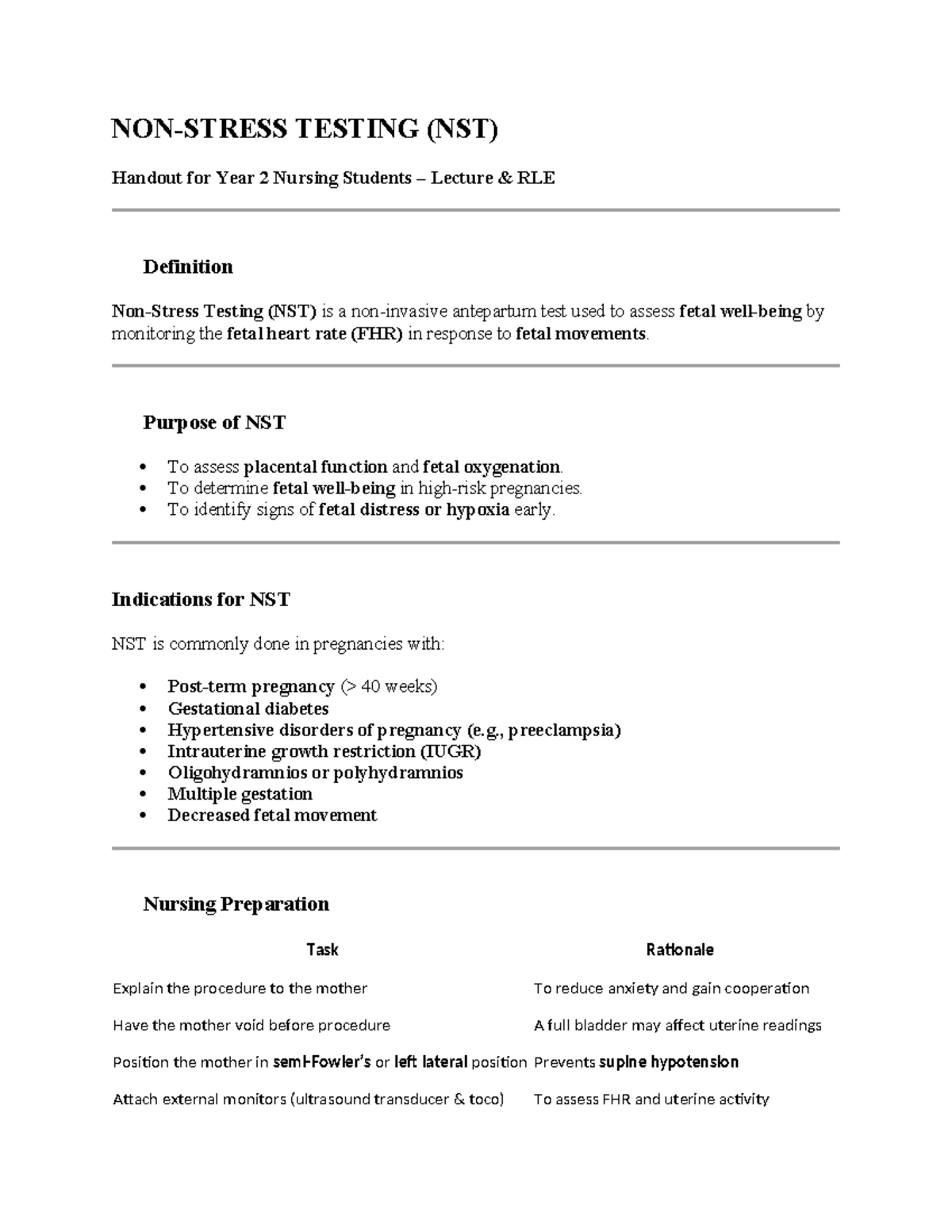 NST Non-Stress Testing Lecture Notes for Year 2 Nursing Students - Studocu