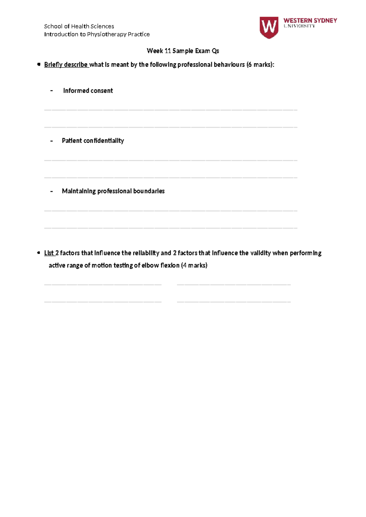 Week 11 Sample Exam Qs - Intro to Physiotherapy Practice - Studocu