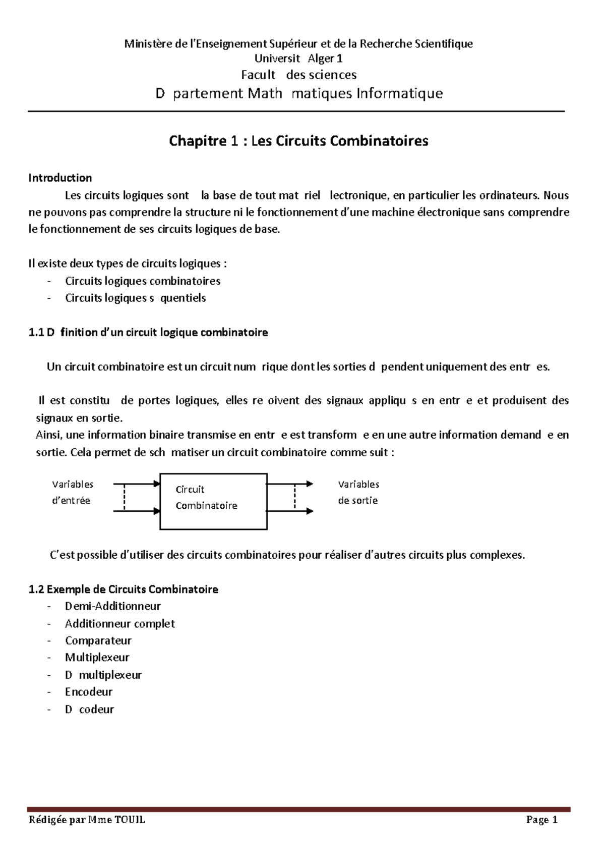 Chapitre 1 : Circuits Combinatoires - Cours de Mathématiques ...