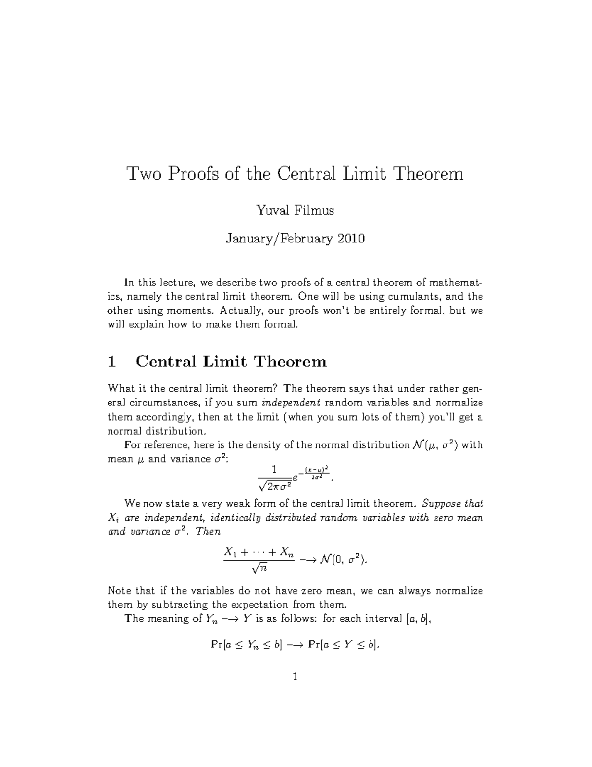 Two Proofs of the Central Limit Theorem (MATH 101 Lecture Notes) - Studocu