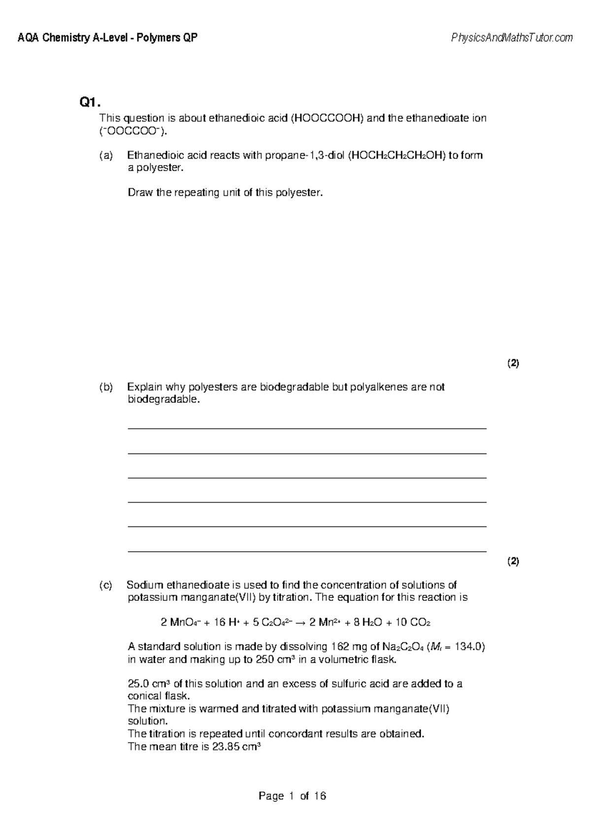 AQA Chemistry Polymers QP Practice Questions and Answers - Studocu