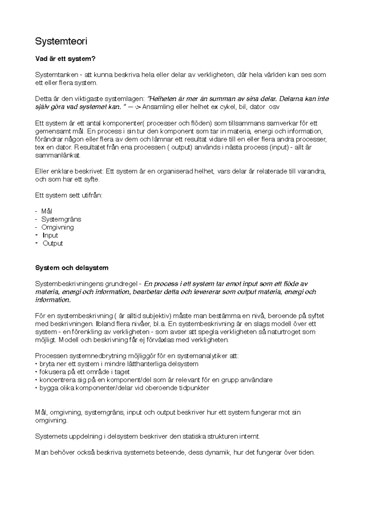 Systemteori FL 1&2 - Anteckningar och Modellering av System - Studocu