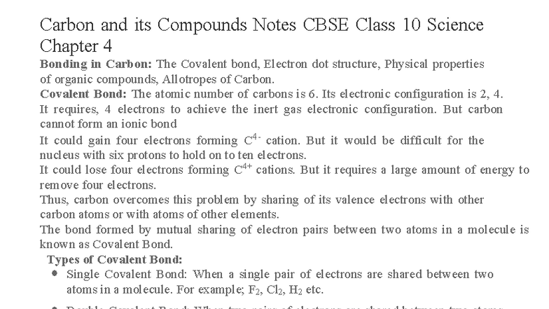 Carbon and its Compounds Class 10 Science Notes - Chapter 4 CBSE - Studocu