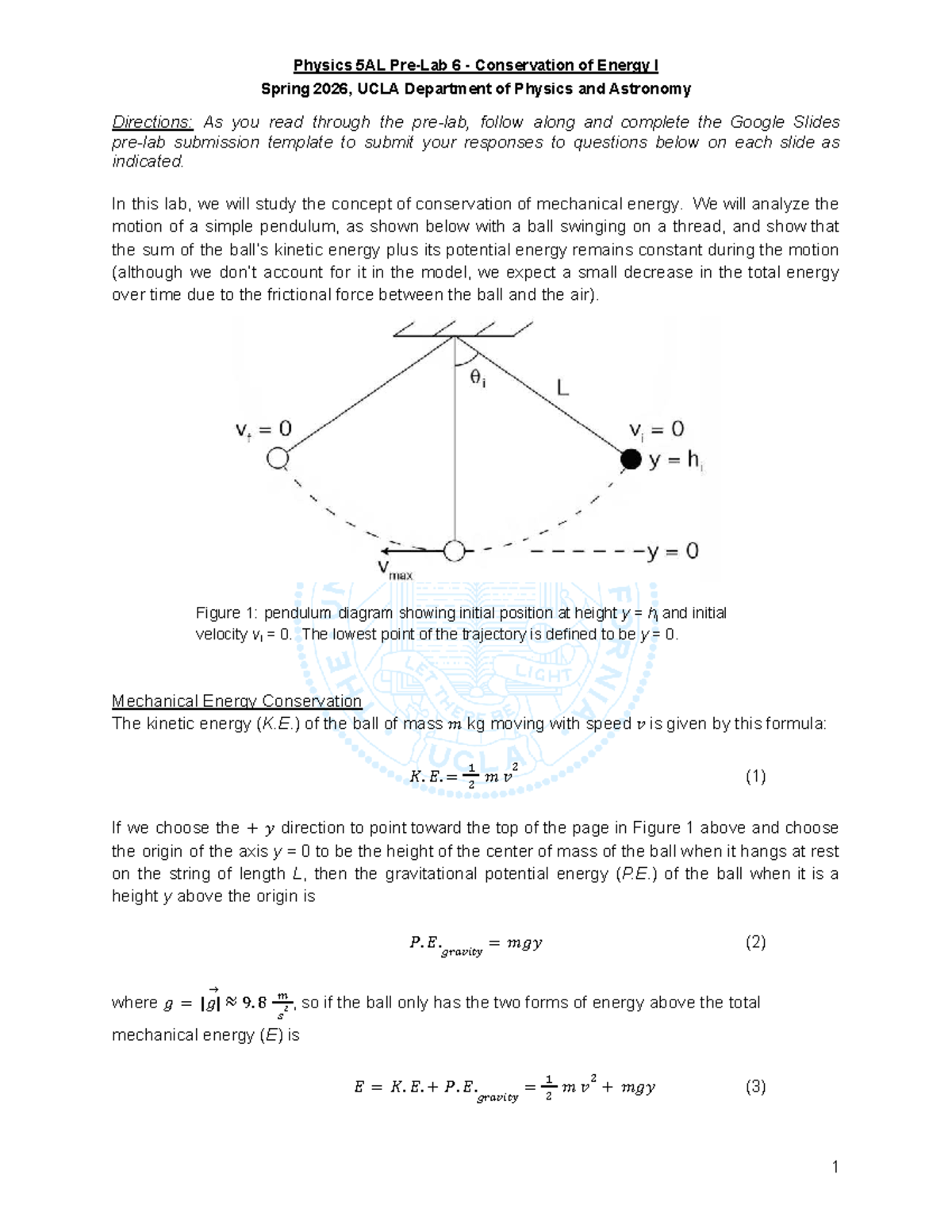 Physics 5AL 6 Pre-Lab on Conservation of Energy I - Spring 2026 - Studocu