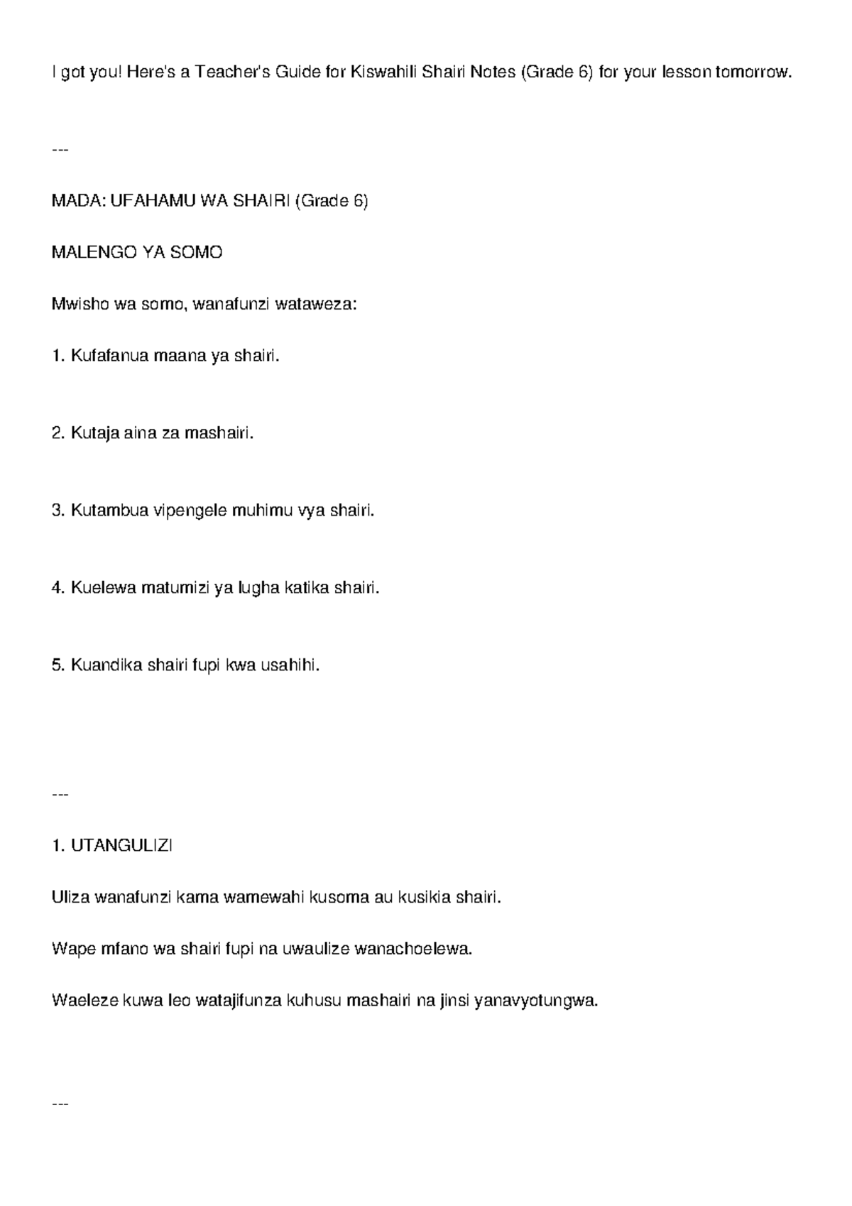 K guide ya Shairi Kiswahili - Grade 6 UFAHAMU WA SHAIRI - Studocu