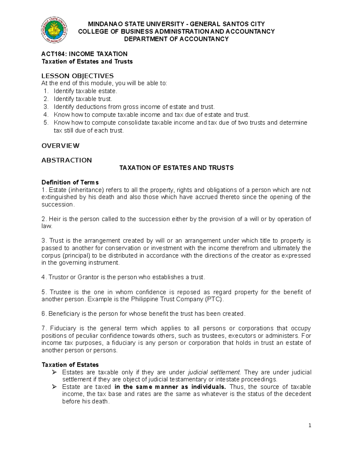 ACT184 Module 4: Taxation of Estates and Trusts Overview and Guide ...