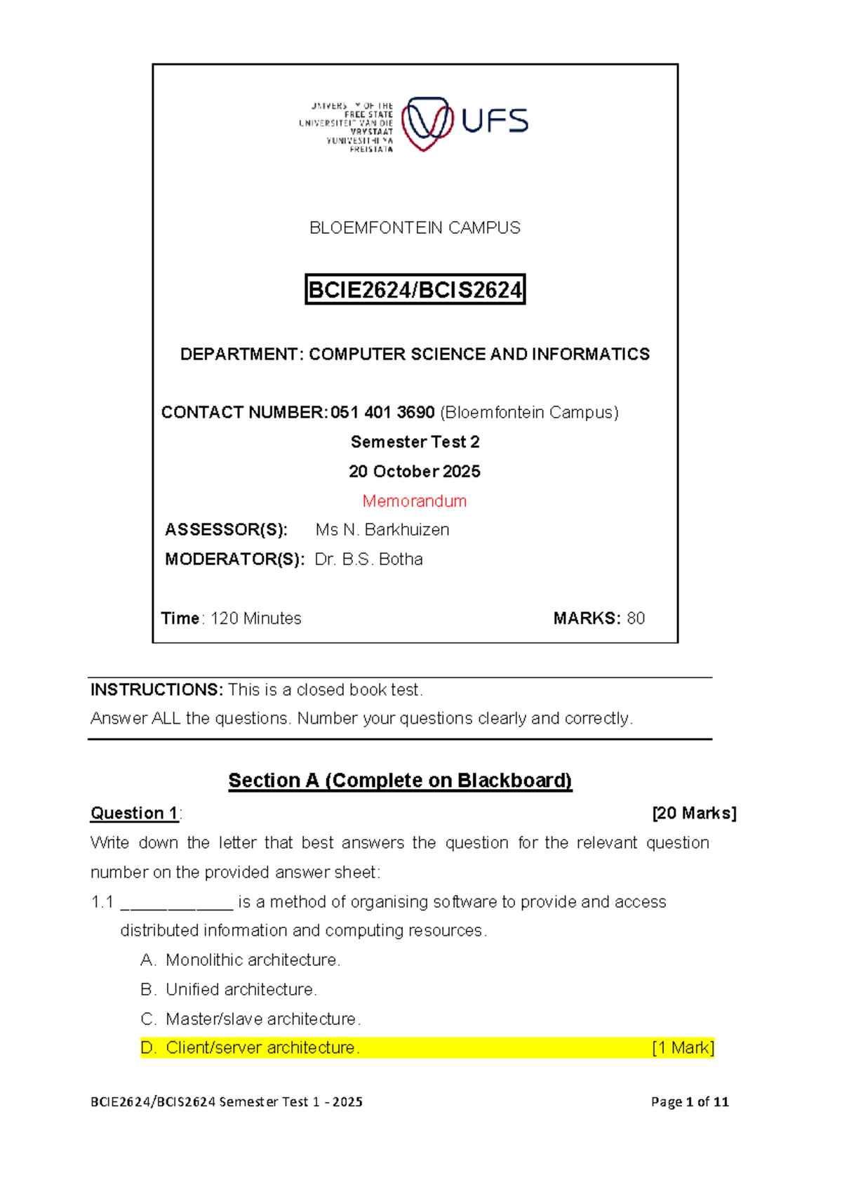 BCI2624 2025 Semester Test 2 Memorandum and Solutions - Studocu