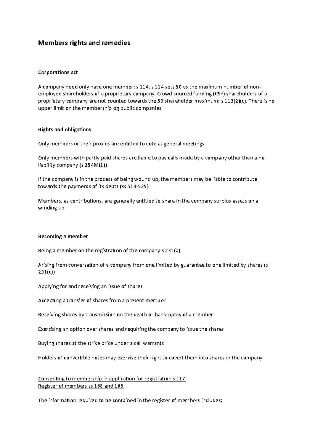 Members' Rights and Remedies Under Corporations Act: Key Insights - Studocu