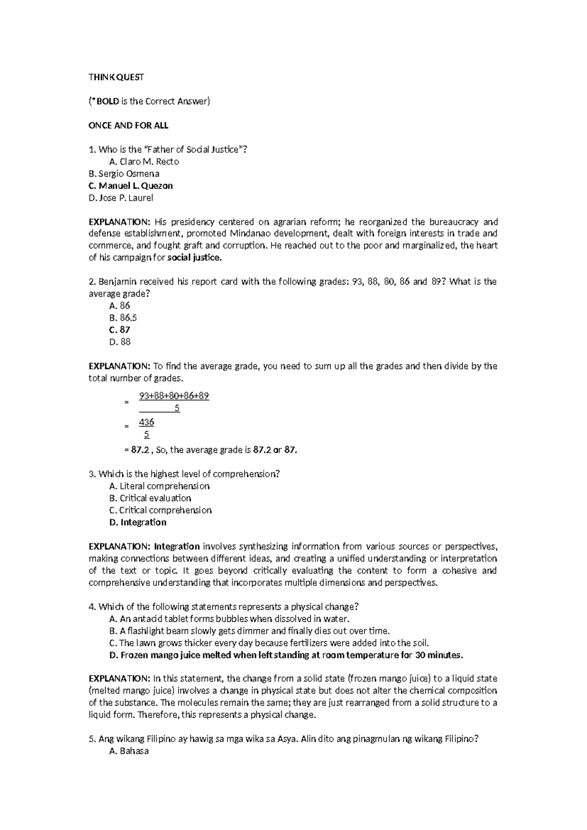 Think Quest Questions: Answers & Explanations for Various Topics - Studocu