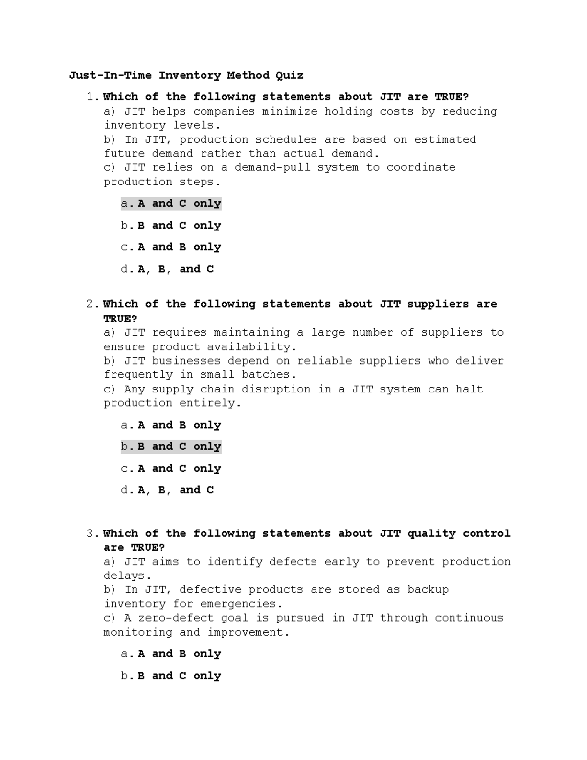 JIT300 Sample Quiz on Just-In-Time Inventory Method - Studocu