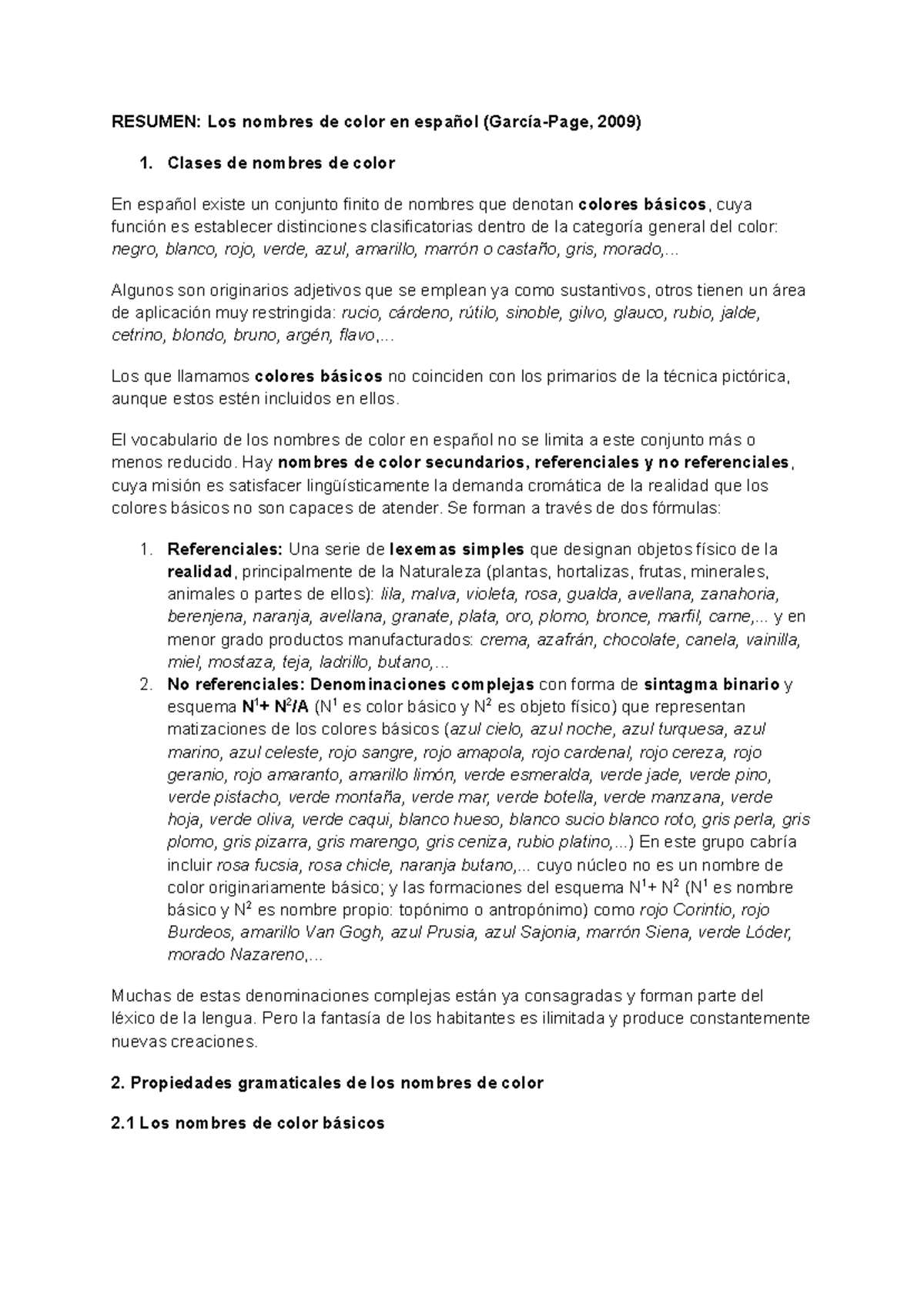 Resumen de Los Nombres de Color en Español (García-Page, 2009) - Studocu