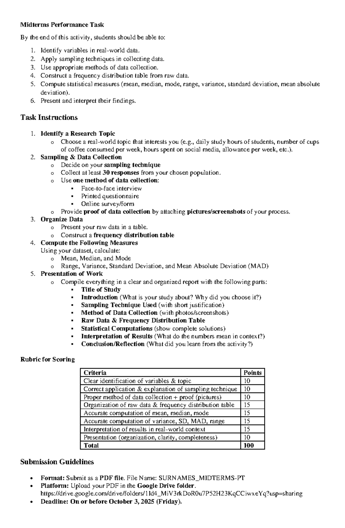 Midterm Performance Task: Data Collection & Analysis Guide - Studocu