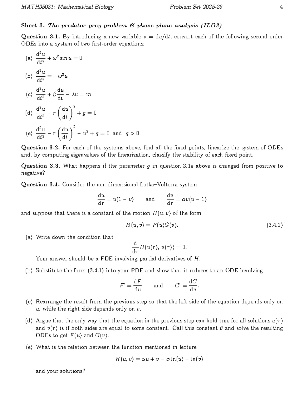 MATH35031: Mathematical Biology Problem Set 4 - Phase Plane Analysis ...