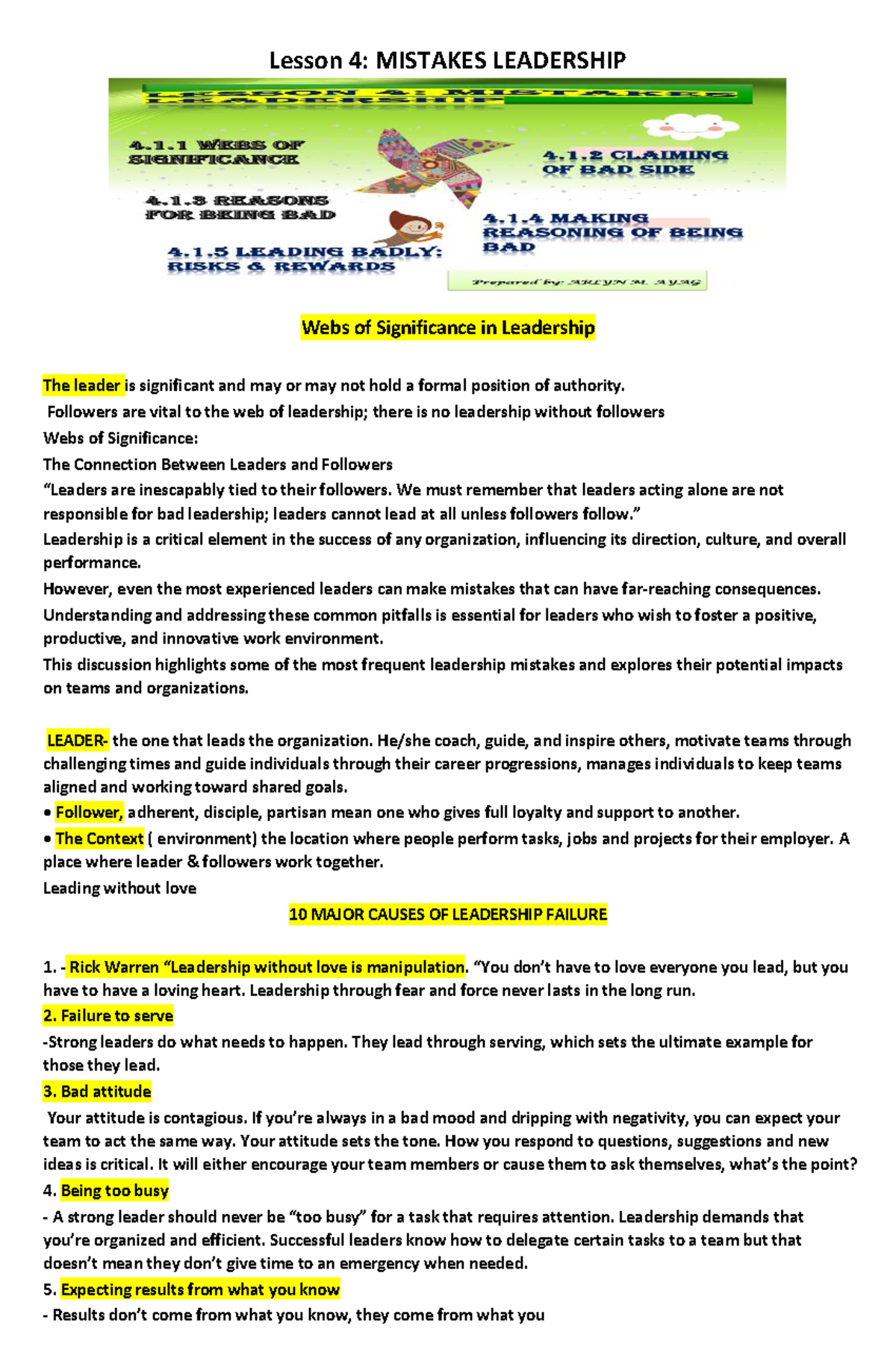 Chapter 4: Leadership Mistakes and Their Impact - MAED 211 - Studocu