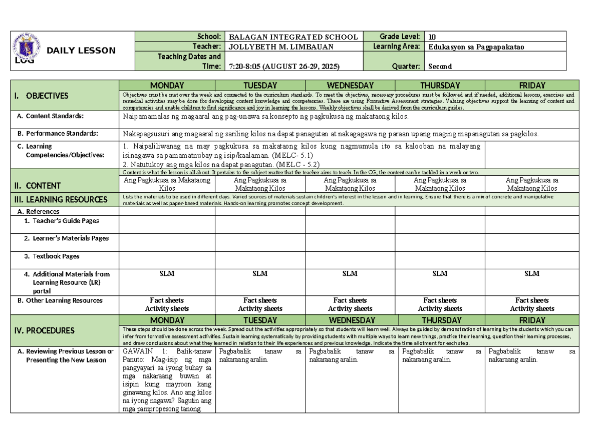 ESP 10 - Daily Lesson Plan for Edukasyon sa Pagpapakatao - Studocu