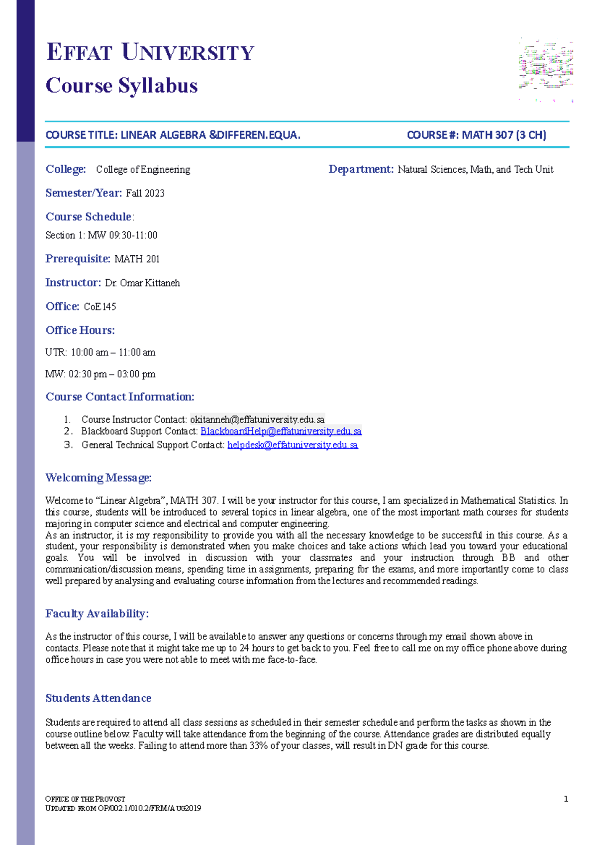 Syllabus MATH 307 Fall 2023 - Course Syllabus COURSE TITLE: LINEAR ...
