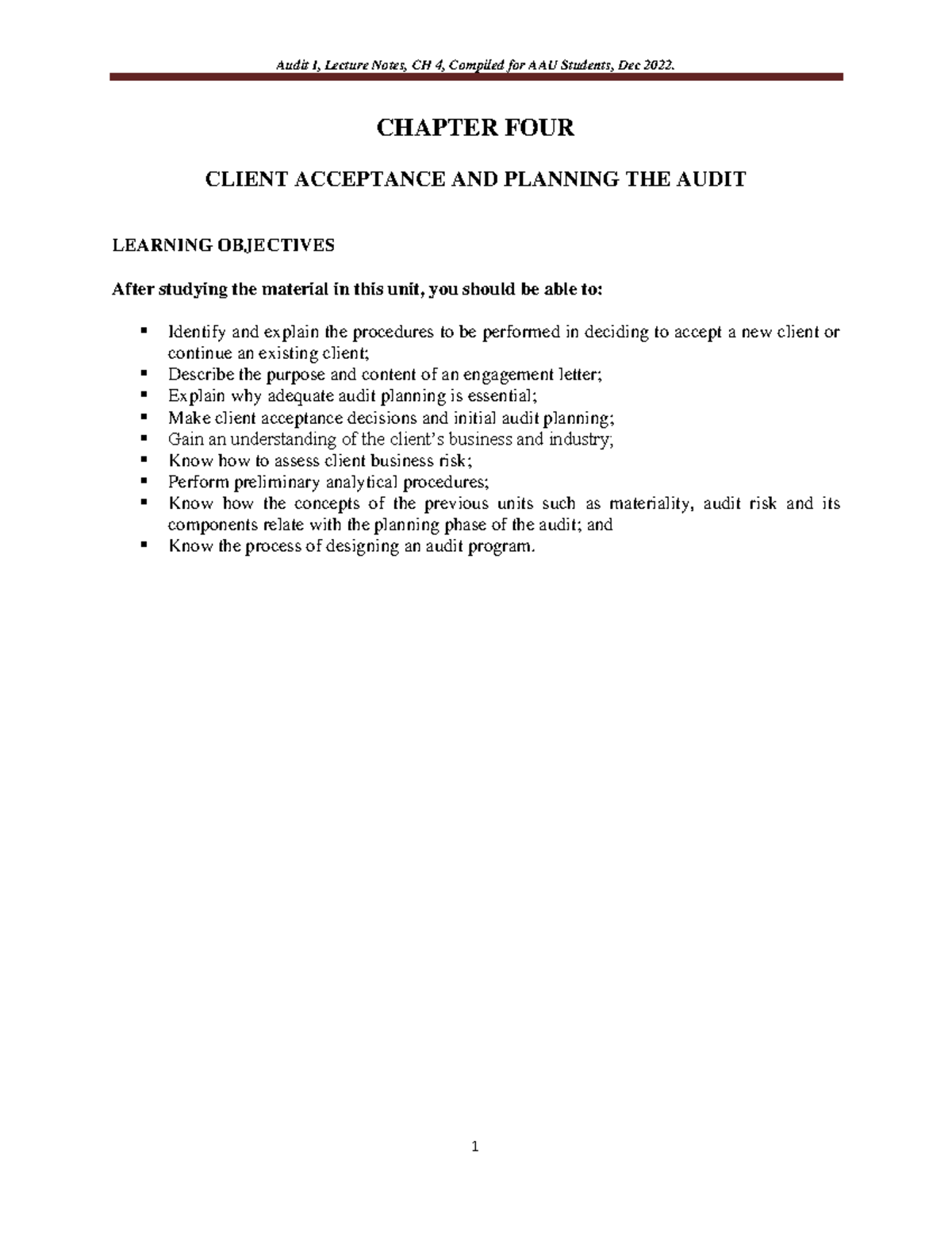 Audit I, Lecture Notes: CH 4 - Client Acceptance & Audit Planning - Studocu