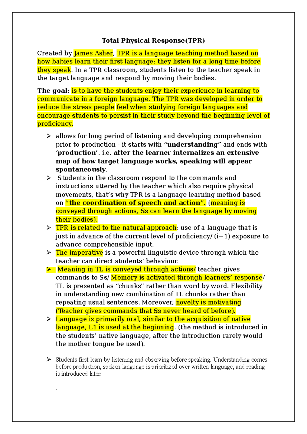 Total Physical Response (TPR) Language Teaching Method Overview - Studocu