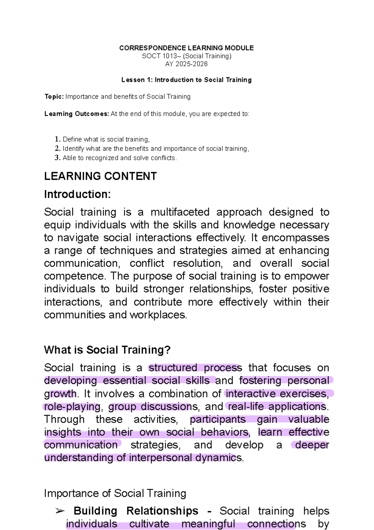 Social Training Strategies for Effective Communication (SOCT 1013 ...