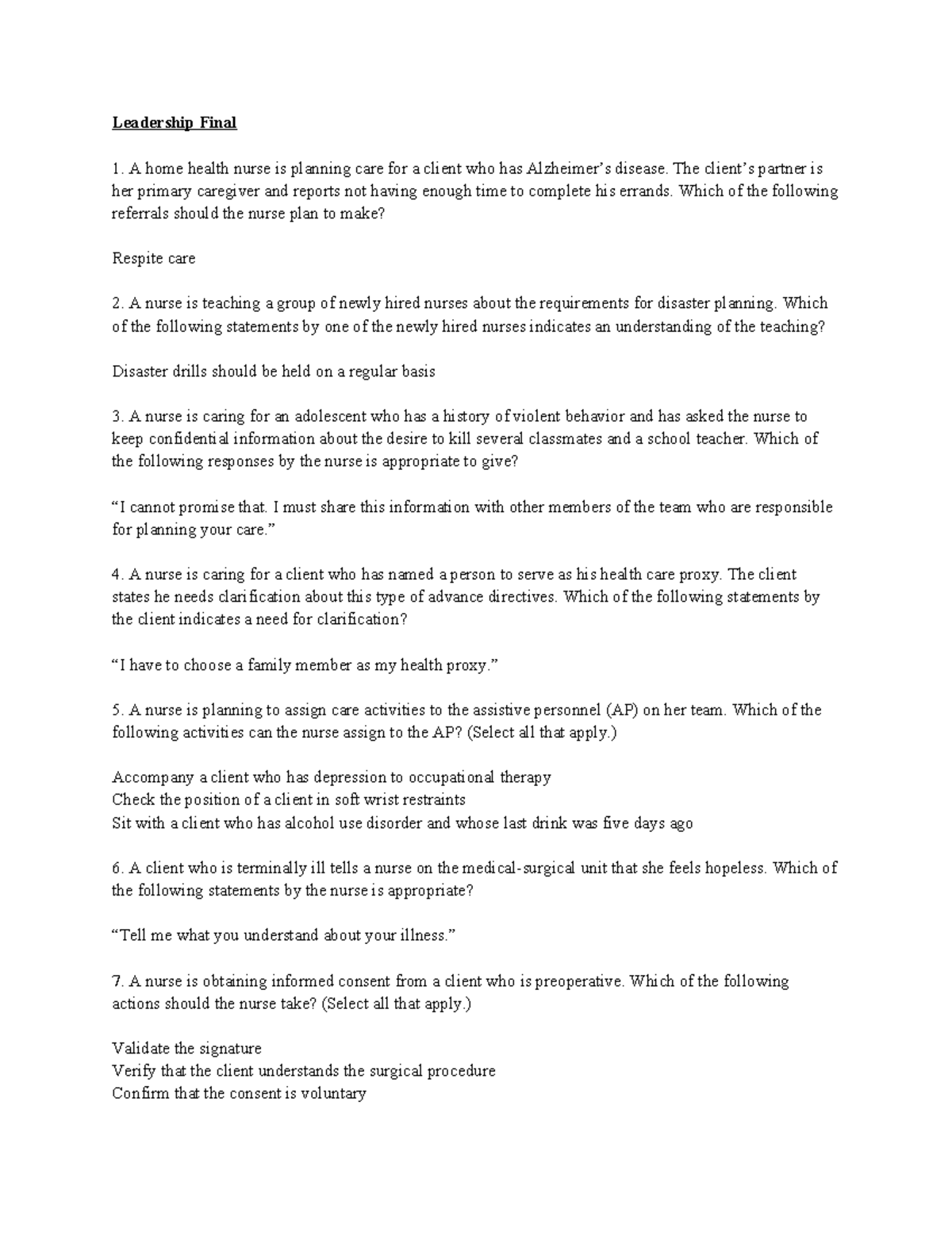 Leadership Final - Study Guide for Nursing Practices and Care - Studocu