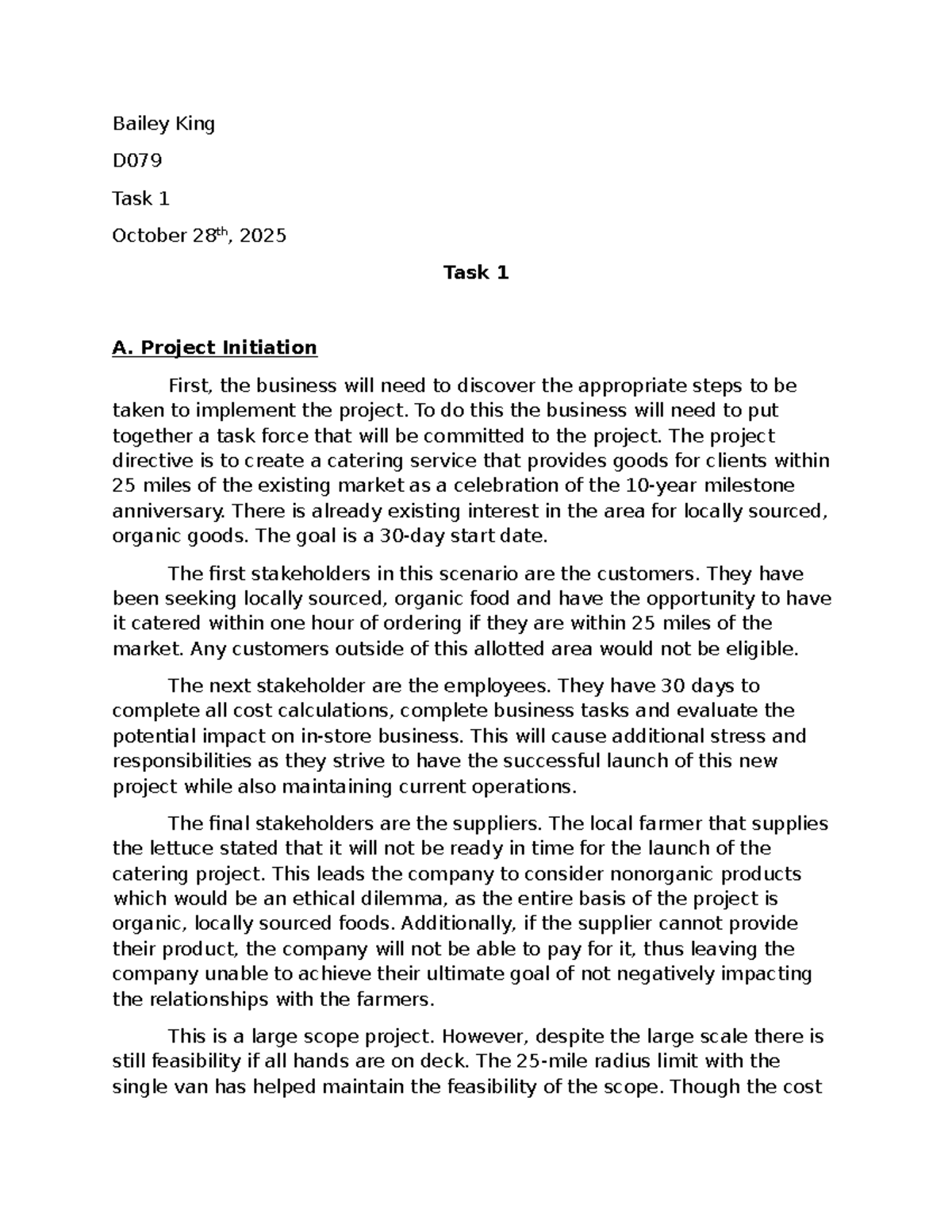 D079 Task 1: Project Initiation for Catering Service Launch - Studocu