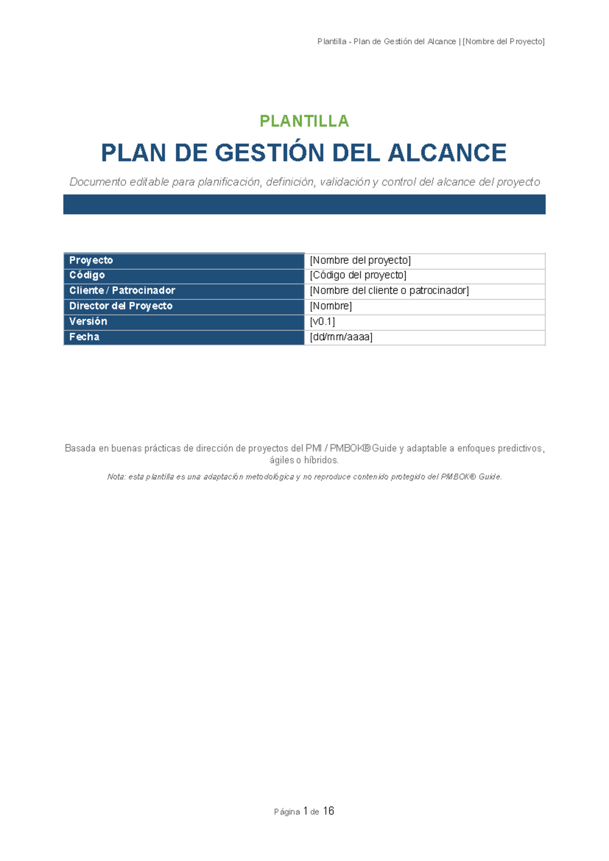 Plantilla de Gestión del Alcance del Proyecto - PMBOK - Document Preview