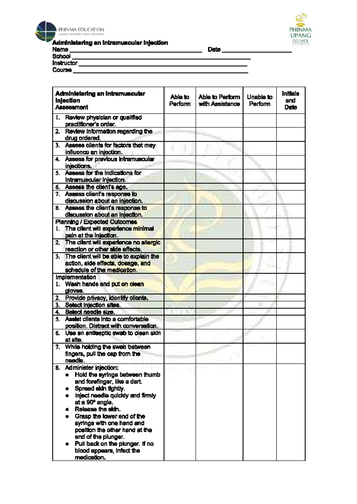 PHNMA Administering an Intramuscular Injection Checklist - Studocu