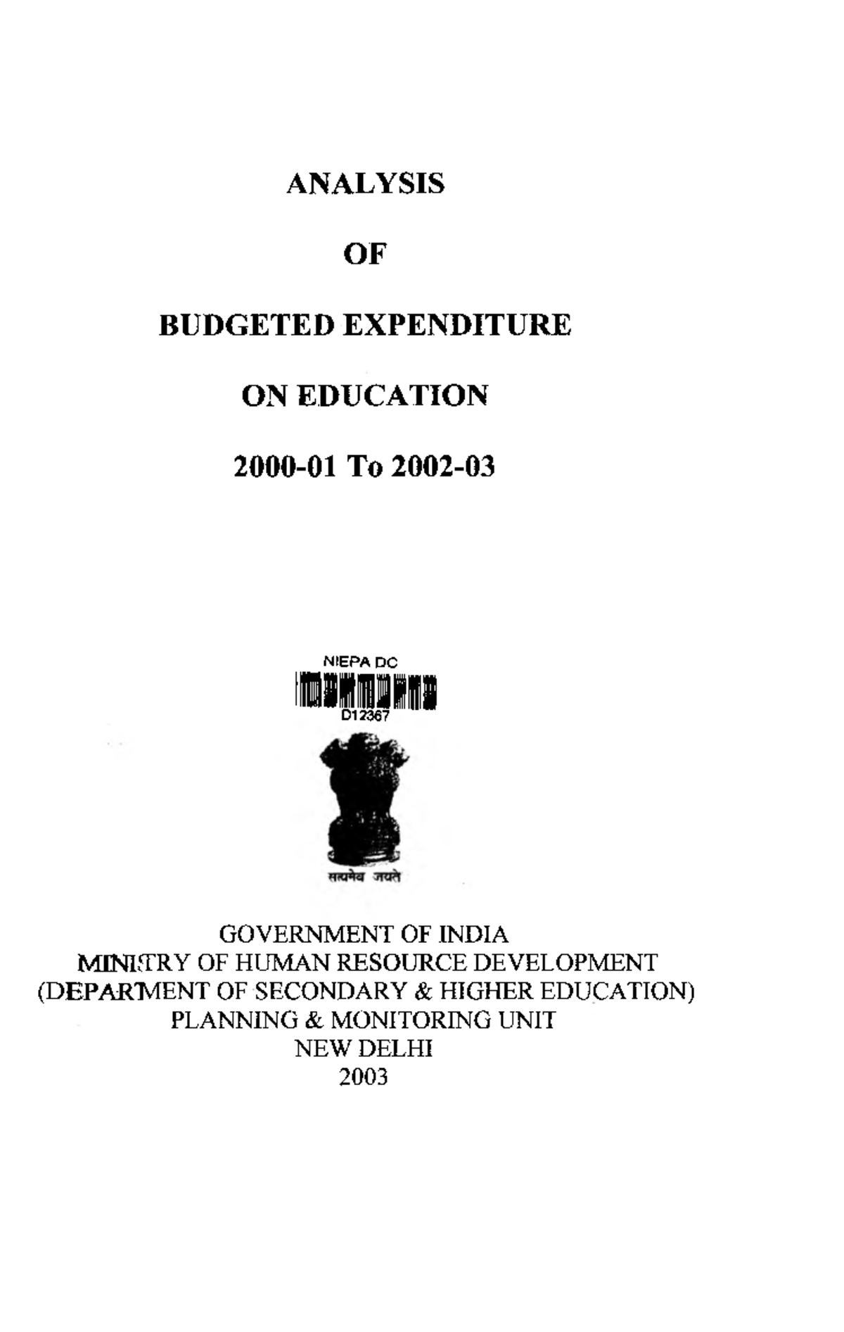 Analysis of Budgeted Expenditure in Education (2000-03) D-12367 - Studocu