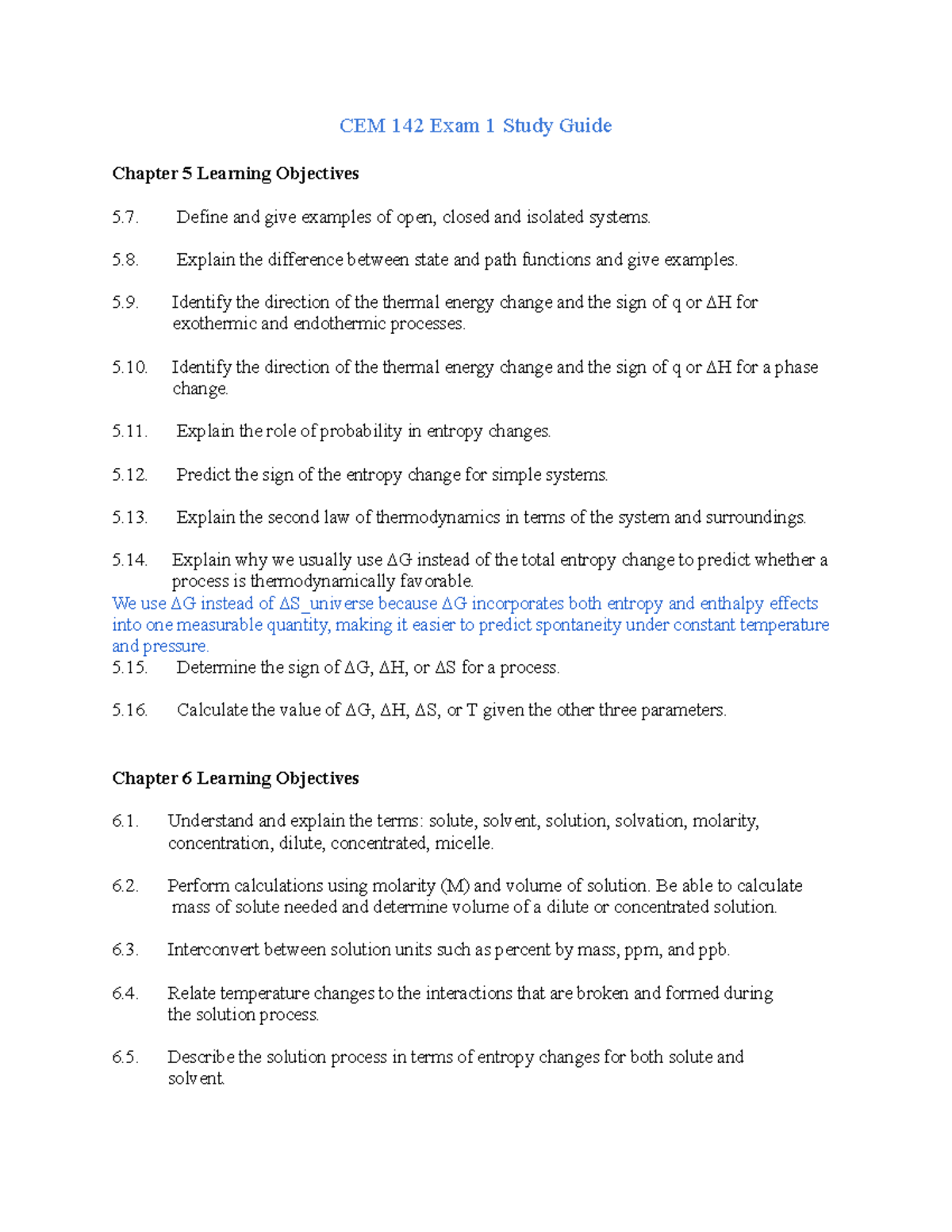 CEM 142 Exam 1 Study Guide: Key Concepts and Learning Objectives - Studocu