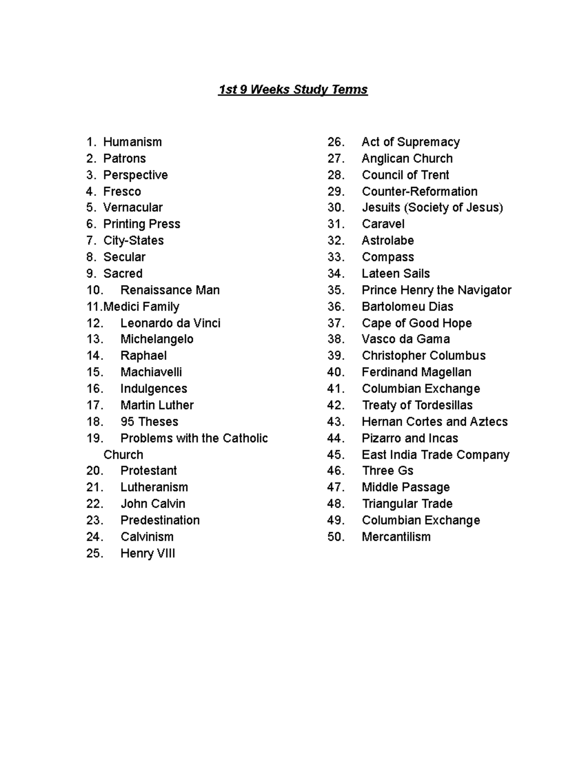 1st 9 Weeks Study Terms: Key Concepts and Figures of the Renaissance ...
