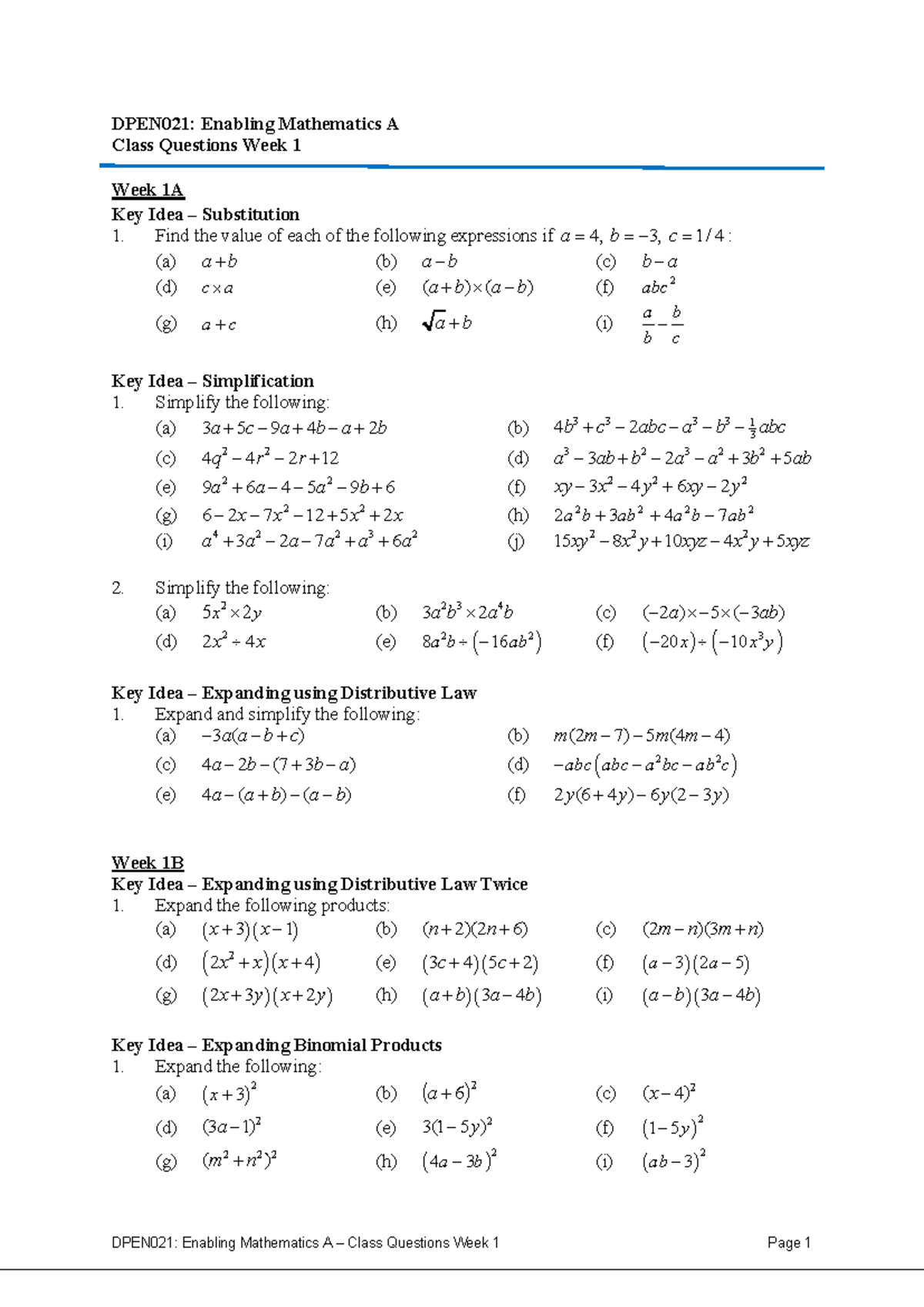 DPEN021: Enabling Mathematics A Class Questions Week 1 Overview - Studocu
