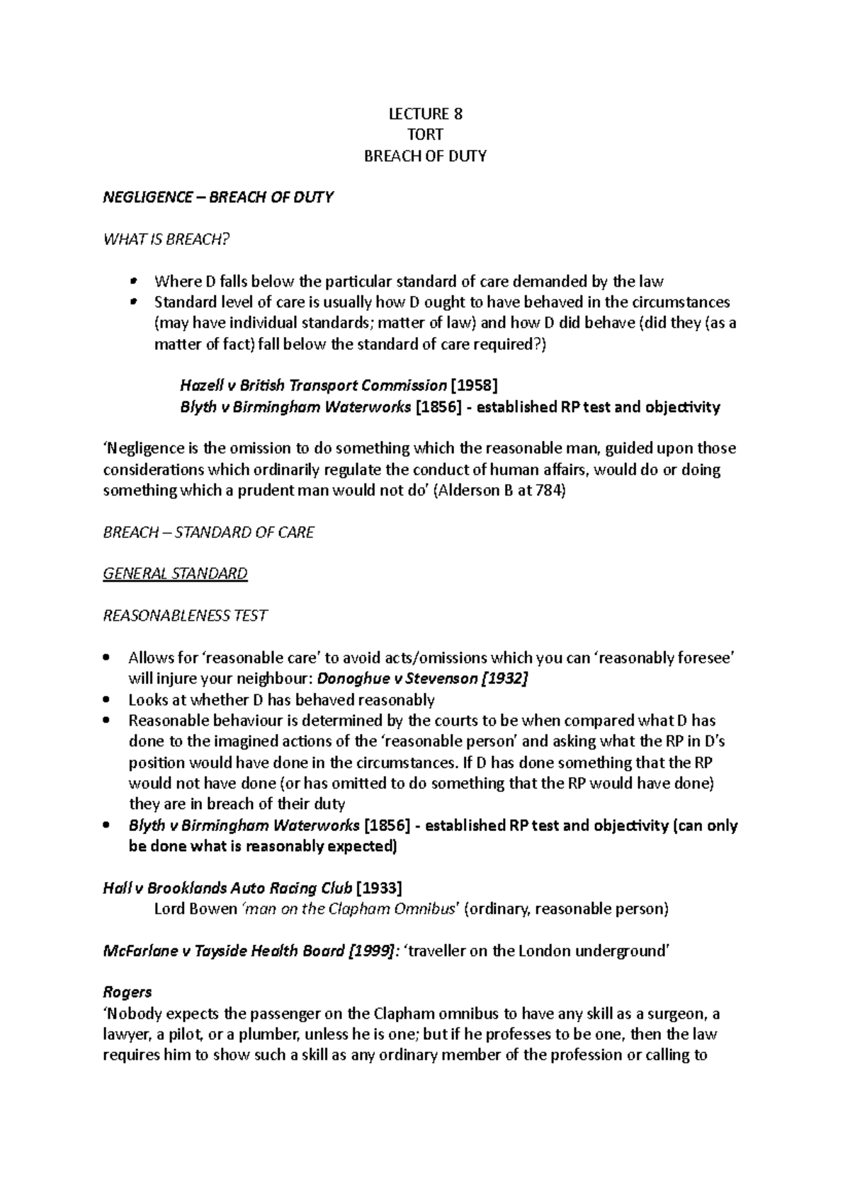 Lecture 8 - Breach of Duty in Negligence Law Notes - Studocu