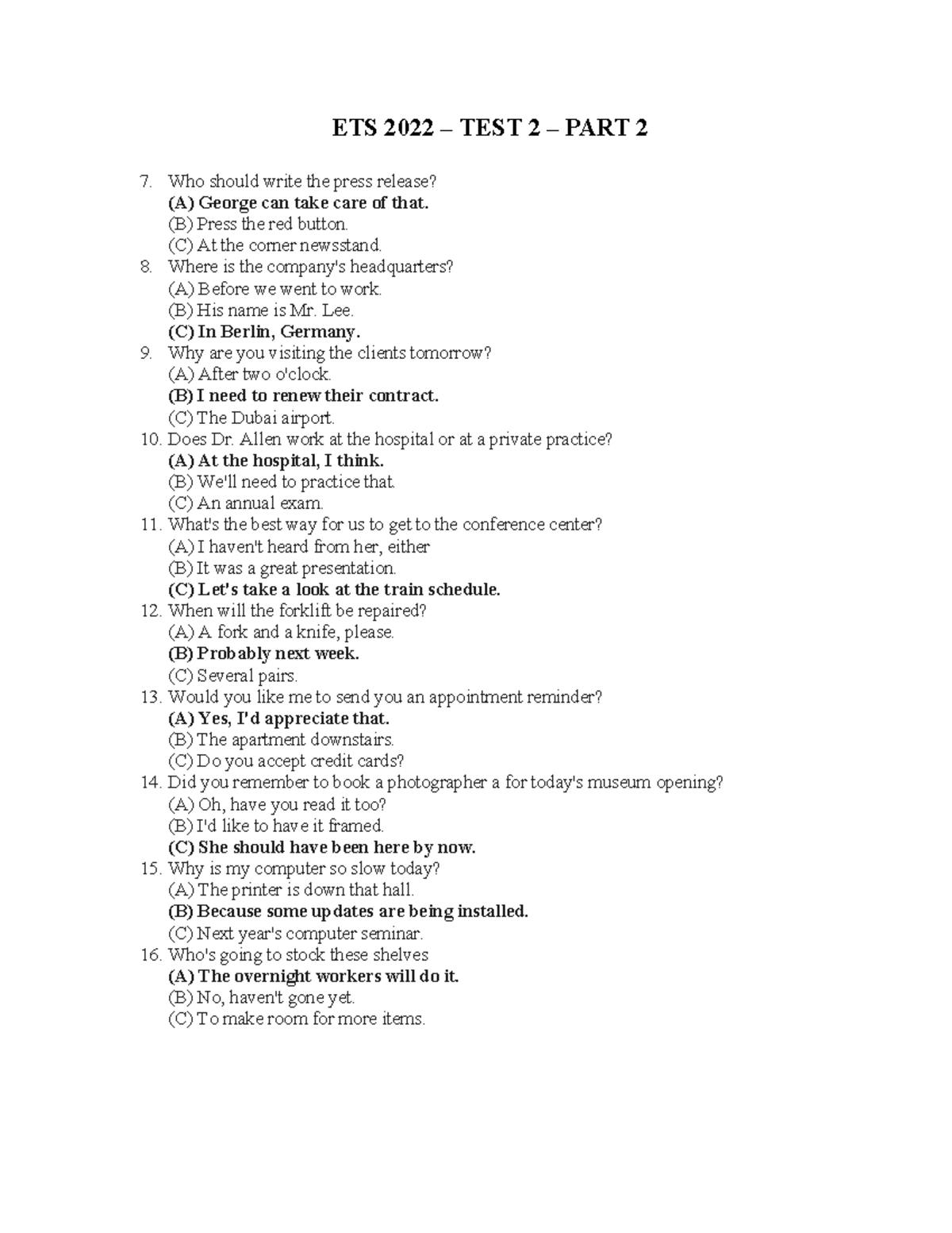 Luyện Nghe TOEIC - ETS 2022 Test 2 Part 2 Practice Questions - Studocu