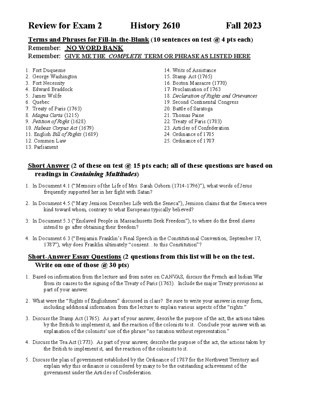 Review for Test 2 Fall 2023 - Review for Exam 2 History 2610 Fall 2023 ...
