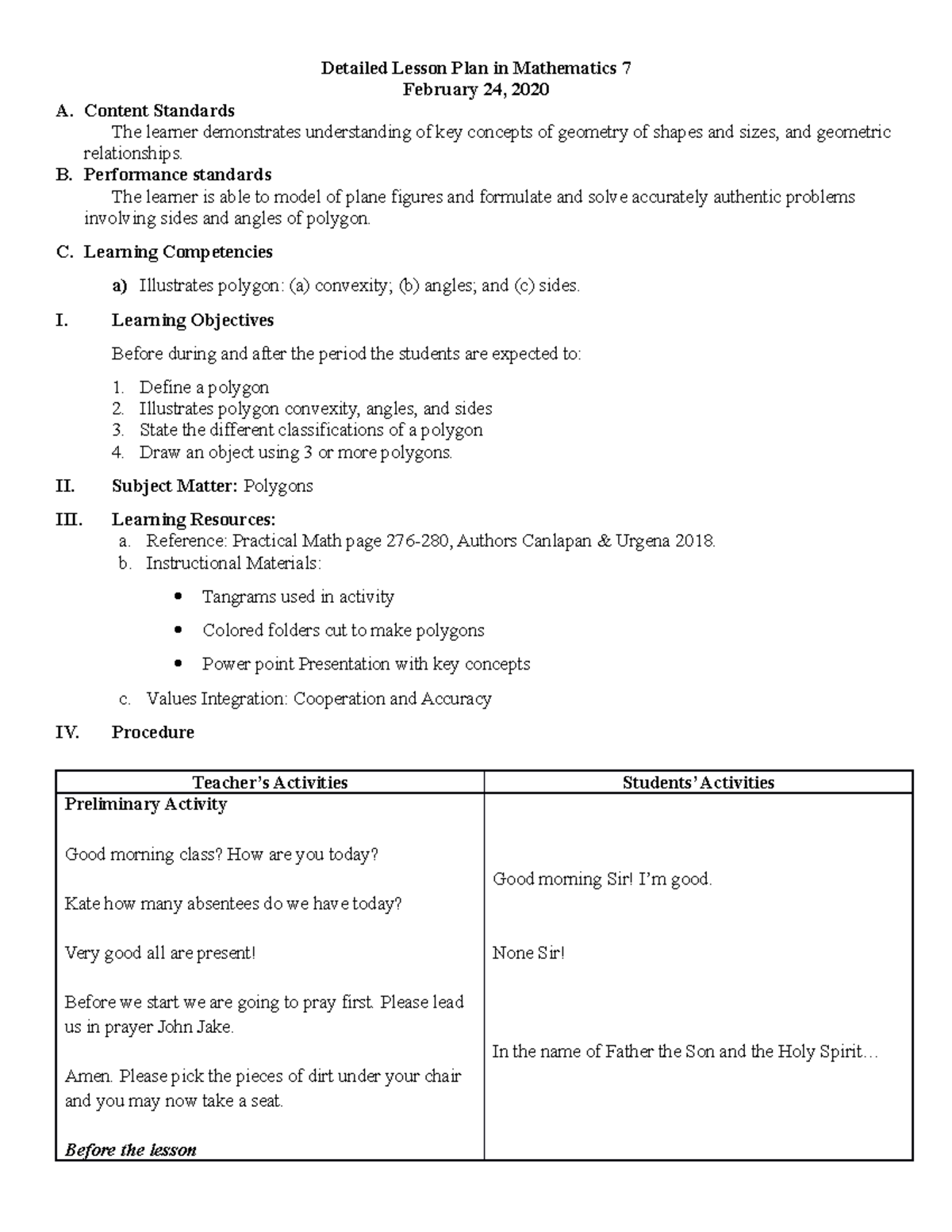 LP Feb 24, 2020 - Detailed Mathematics Lesson Plan on Polygons - Studocu